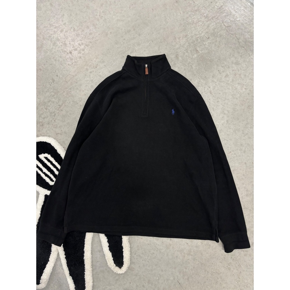 Polo Ralph Lauren Mens XL Quarter Zip Pullover Black Ribbed Cotton Sweater Pony